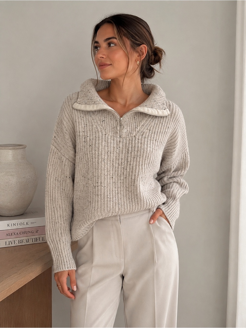 Paper Label Chunky Half Zip Speckled Knit Sweater Small Minimalist Cozy Cabine